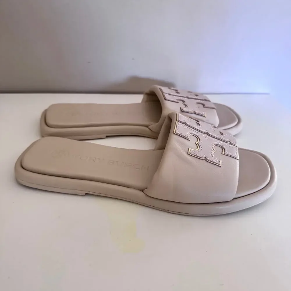 Tory Burch Beige Logo Double T Sport Slide Sandals Size 6